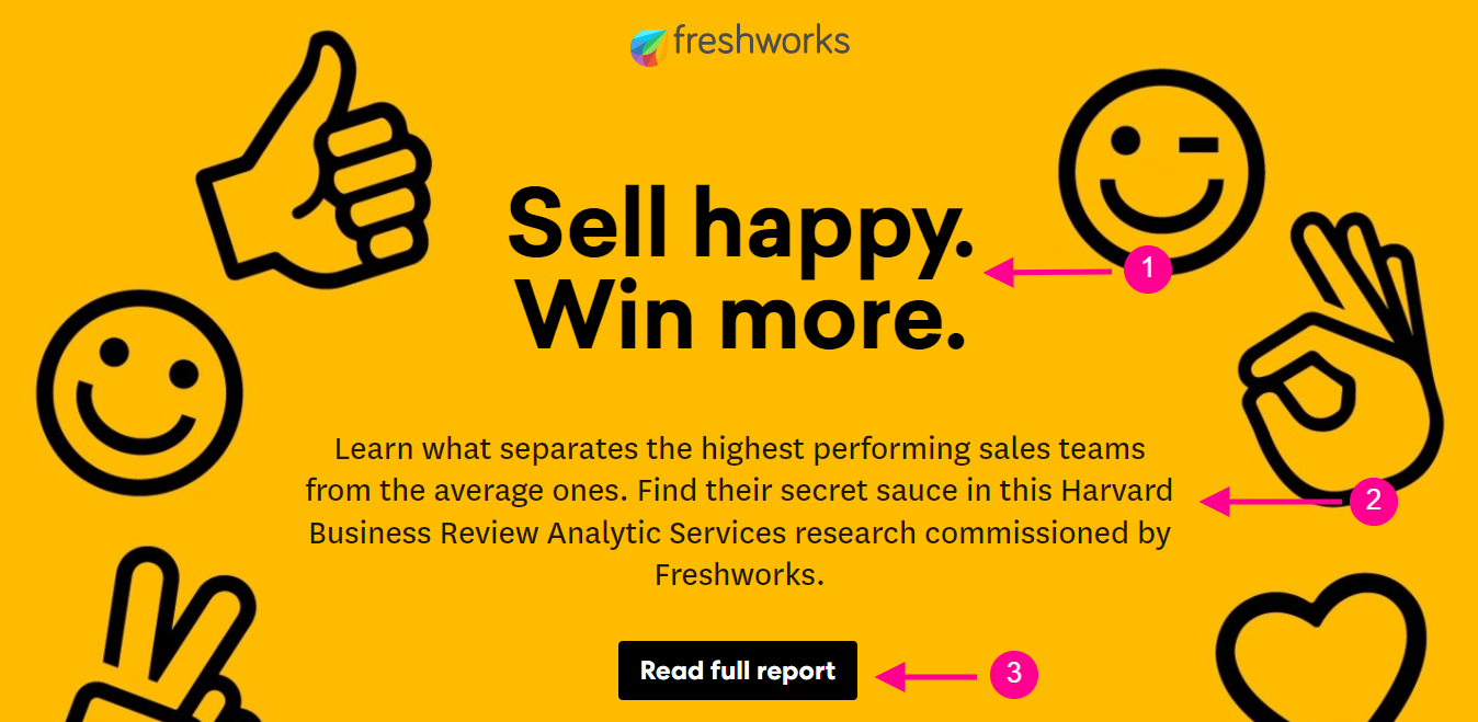 a screenshot of Freshworks' Happy Sales landing page built using Paperflite's Cleverstory