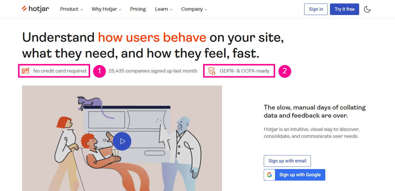 a screenshot of Hotjar's landing page in a blog post on landing page optimization by Paperflite