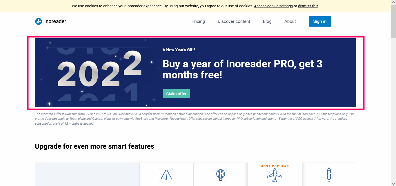 a screenshot of Inoreader's landing page in a blog post on landing page optimization by Paperflite