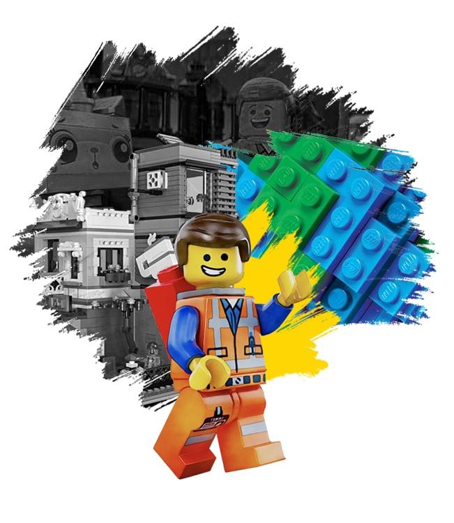 Illustration of a Lego toy. The background consists of building blocks and characters from Lego. 