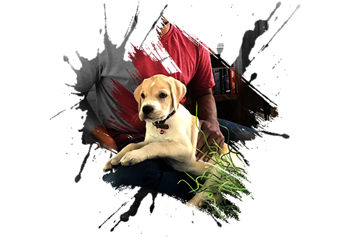 In his new role as the Chief Welcome Officer, Mario greets everyone with 500 tail wags, 100 wet wipes for the face and 50 jumps to keep your attention as you walk-in.