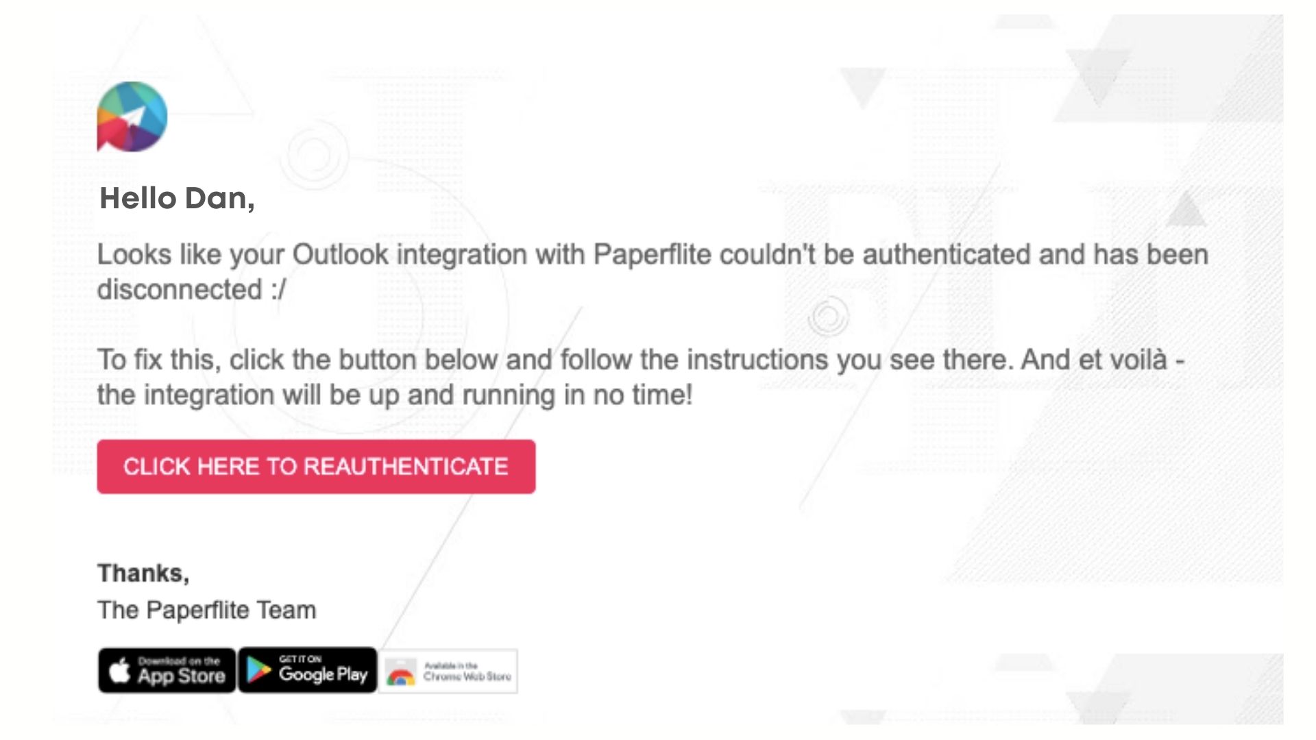 An email notification from Paperflite when Paperflite-Outlook integration gets disconnected