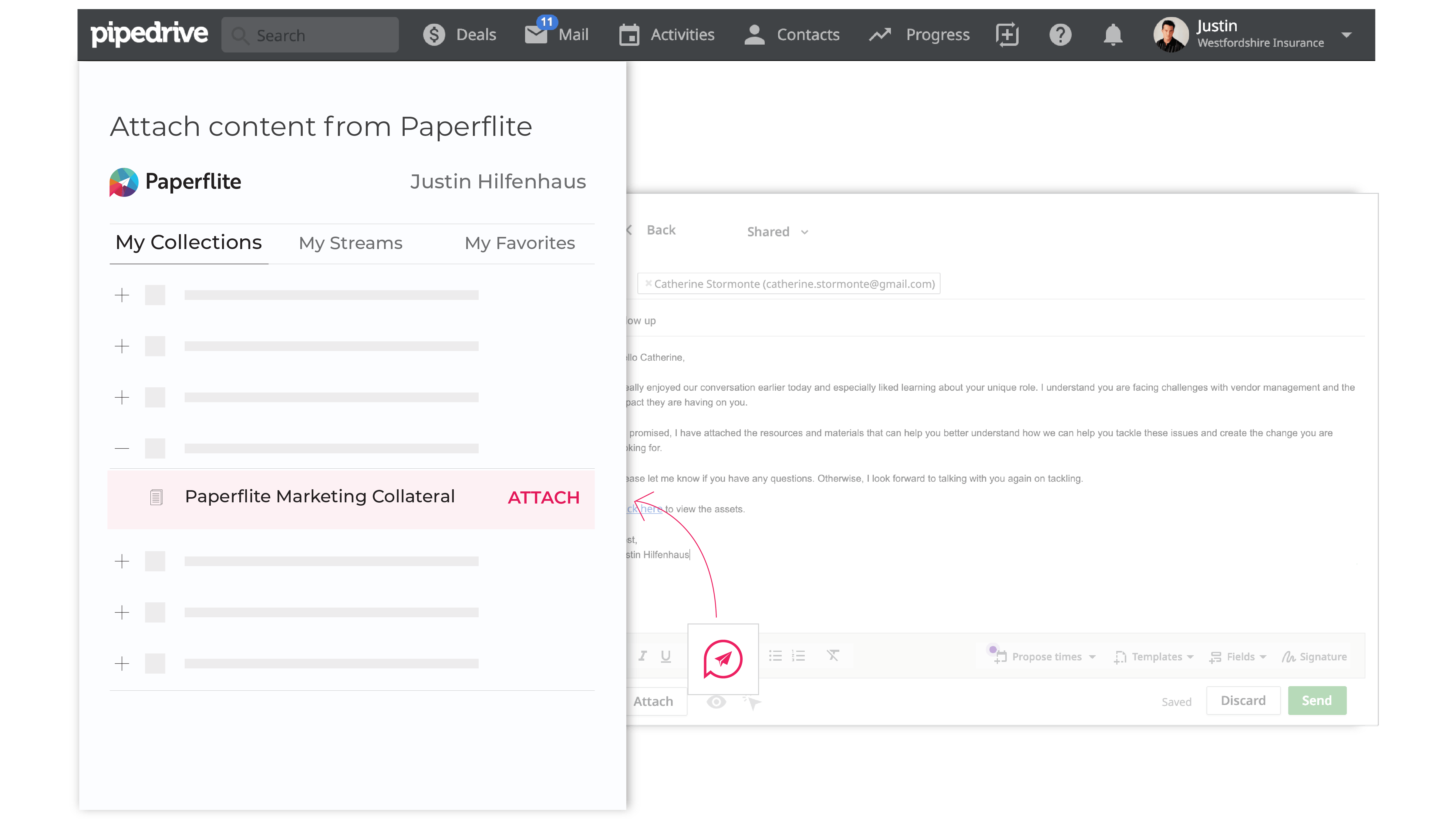 Paperflite's Pipedrive integration helps sales reps find the content they want to share, create stunning storyboards and share them with their contacts without leaving Pipedrive.