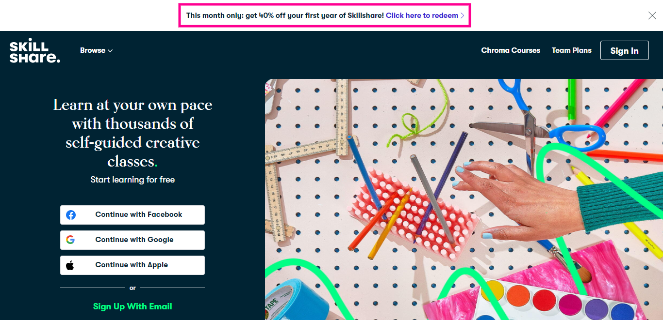 a screenshot of Skillshare's landing page in a blog post on landing page optimization by Paperflite