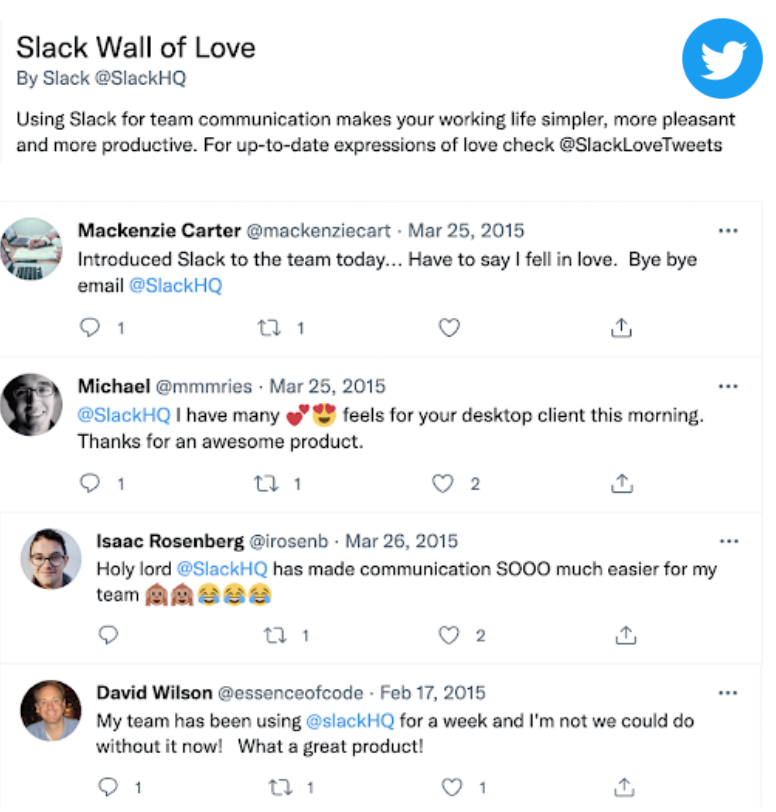 An image describing all the love Slack got on twitter, famously called Slack Wall of Love - by Paperflite