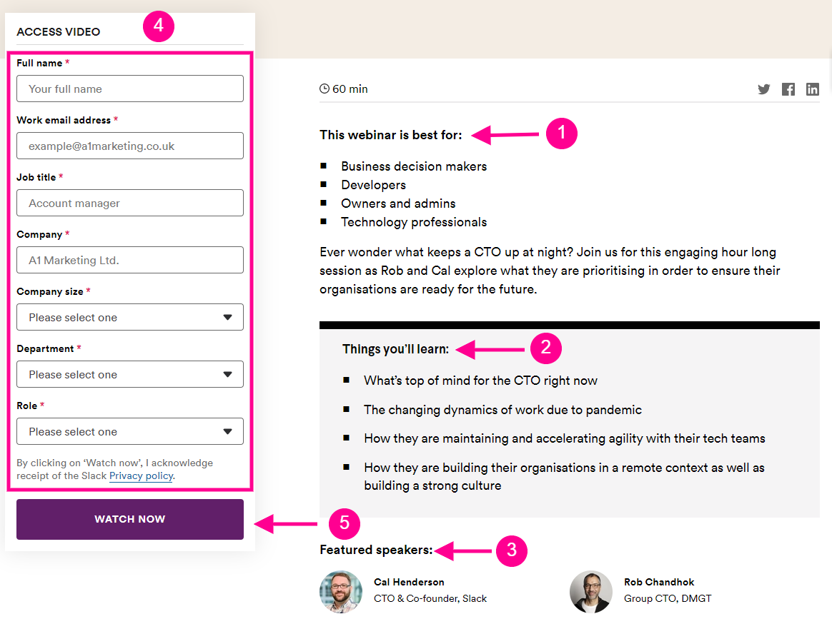 a screenshot of Slack's landing page built in a blog post on landing page optimization by Paperflite